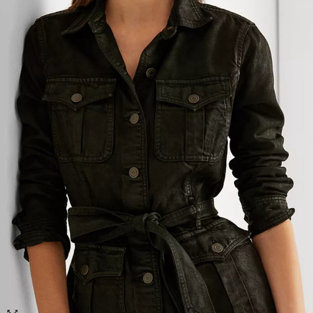 Ralph Lauren Utility Jacket Womens Black 14 Coated Denim Trucker Belted Field - Picture 10 of 10